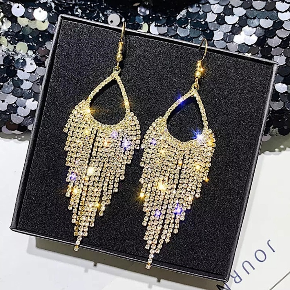 Gold 18K GP Tassel Drop Gold Rhinestone Earrings